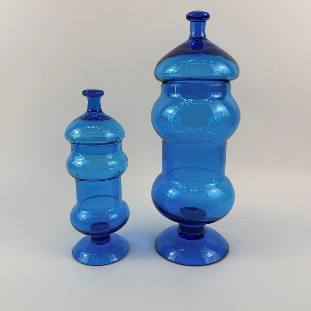 Blue Glass Apothecary Jars Mid Century Modern Lidded Candy Dishes Set of 2